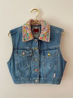 VINTAGE JUJU EUC Rare Hand Embellished Collar Light Wash Denim Maximalist Vest
